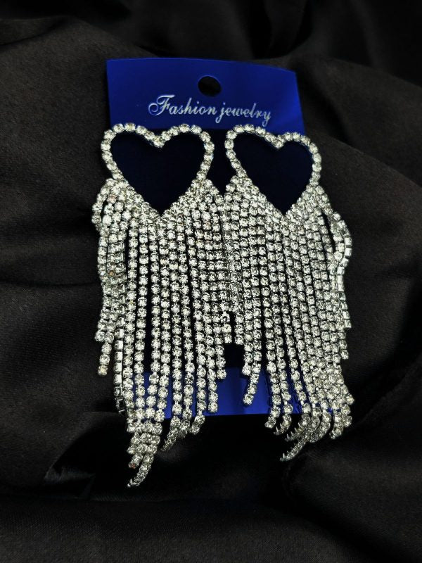 Imported Earrings In Multiple Design | Tarnish-free Diamond-shape, Heart Fringe, Long Heart Fringe, Radiant, Diamond Cascade Design Earrings| Luxury Look Artificial Earrings | Girls Earrings | Women Earrings ( Silver )